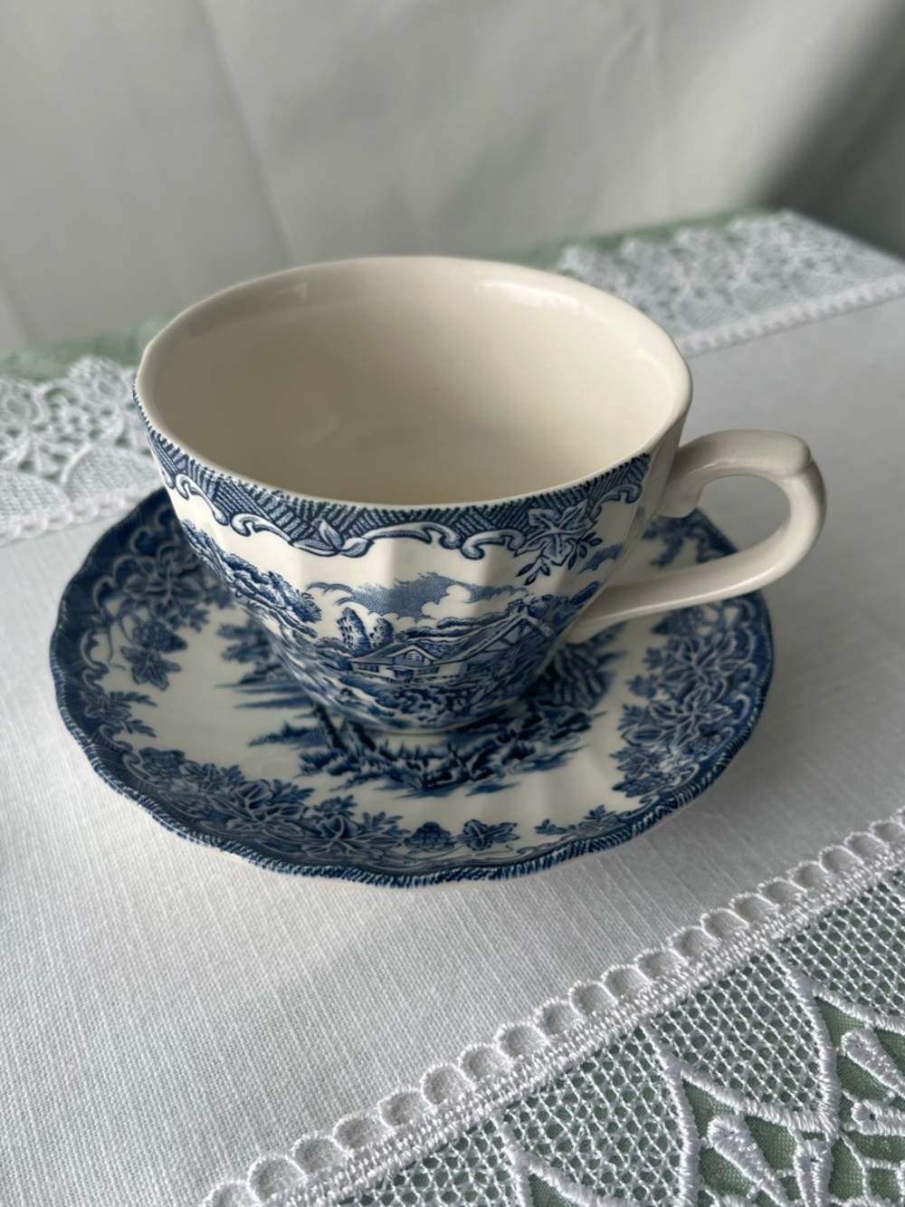 Churchill England "The Brook" Blue & White Cup & Saucer Discontinued Pattern